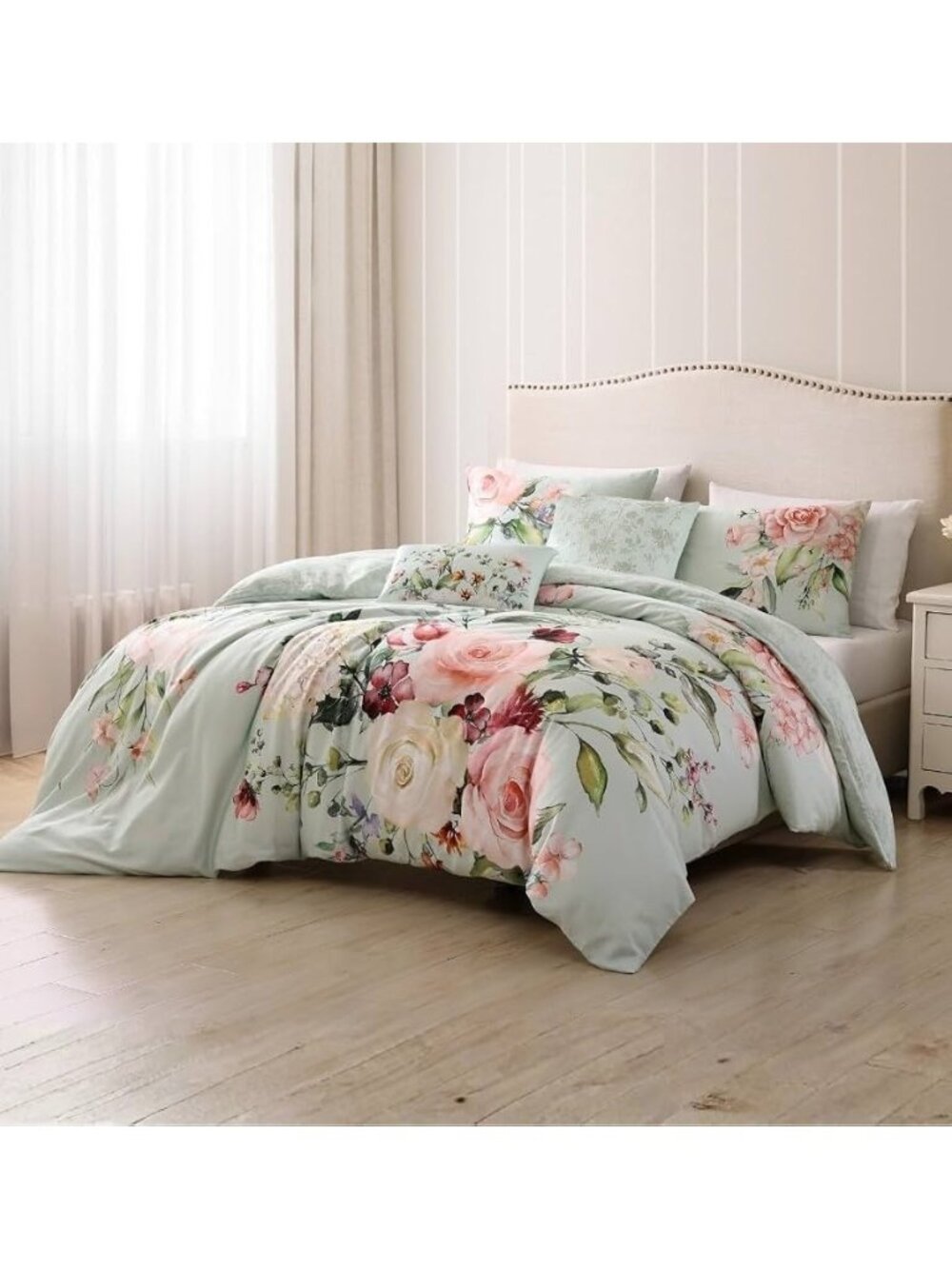 Bebejan Rose on Misty Green Queen 5-Piece Reversible Comforter Set NEW